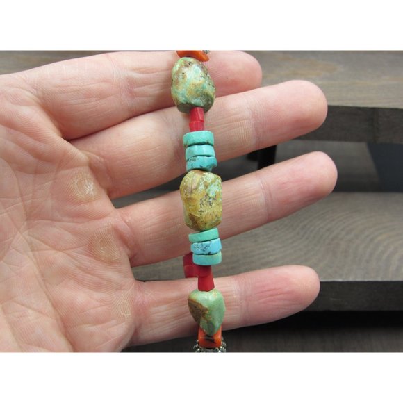 8 Inch Sterling Silver Red Shell And Turquoise Stones Bracelet - Picture 3 of 6